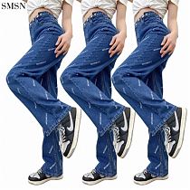 FASHIONWINNIE Fall 2021 Women Clothes Wholesale Dark Blue Button Denim Streetwear Letter Printed Straight Jeans Women
