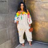 FASHIONWINNIE Fall 2021 Women Clothes Street Wear Plus Size Off Shoulder Jumpsuit Loose Long Sleeve Printed Jumpsuits
