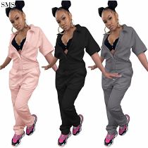 FASHIONWINNIE 2021 Fall Women Clothing Loose Zip up Lapel Brand Name Fitness Solid Color One Piece Workout Jumpsuits