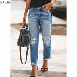 1080340 Fashion 2021 Ripped Jeans Water Paste Cloth Slim Slim Jeans Trousers