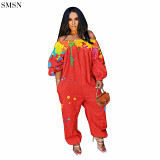 FASHIONWINNIE Fall 2021 Women Clothes Street Wear Plus Size Off Shoulder Jumpsuit Loose Long Sleeve Printed Jumpsuits
