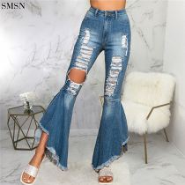 FASHIONWINNIE Elastic Force Splice Hole Washed Horn High Waisted Designer Ripped Flared Stretch Jeans For Women