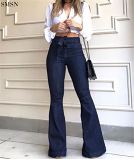 FASHIONWINNIE Elastic With Lacing Hole Washed Horn Trousers High Waist Flares Jeans Bell Bottom Ladies Stretch Jeans Pants