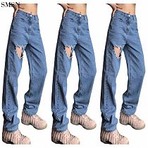 FASHIONWINNIE 2021 Fall Women Clothes Street Wear Straight Leg Ripped Denim Rhinestone Jeans For Women