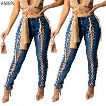 FASHIONWINNIE Wholesale Fall Women Clothes Streetwear Button Denim Drawstring Straps Tight Jeans Pant Women