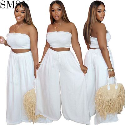 AOMEI New Style Solid Color Off The Shoulder Casual Two Piece Set 2021 Wide Leg Pants Women Clothing Two Pieces Set