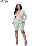 AOMEI New Style Solid Color Lapel Suit Jacket Two Piece Shorts Set Office Womans Clothing 2 Piece Two Piece Set