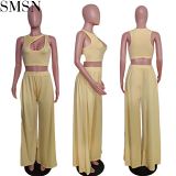 AOMEI Good Quality Solid Color Hollow Out Two Piece Set Women Clothing Elastic Waist 2 Piece Wide Legged Pants Sets