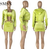 AOMEI New Arrival 2021 Fall Women Clothes Solid Color Velvet Zipper Hoodie 3 Piece Skirt Set Women Skirt And Top Set