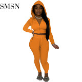 AOMEI Lowest Price 2021 Solid Color Casual Zipper Two Pieces Women Clothing Women Hooded 2 Piece Pants Sets