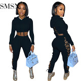 AOMEI High Quality Solid Color Bandage Two Piece Set 2021 Women Sexy Hooded Two Piece Pants Set