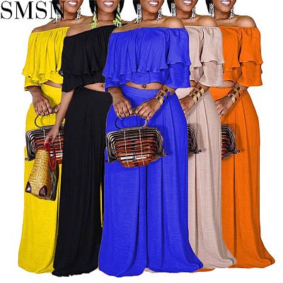 AOMEI Fashionable Solid Color Off Shoulder Two Piece Set 2021 Mop Floor Pants Women Trendy Two Piece Set