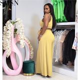 AOMEI Good Quality Solid Color Hollow Out Two Piece Set Women Clothing Elastic Waist 2 Piece Wide Legged Pants Sets