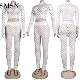 AOMEI New Style Solid Color Hole Perspective Womens Two Piece Set Womens Sexy Two Piece Pants Set