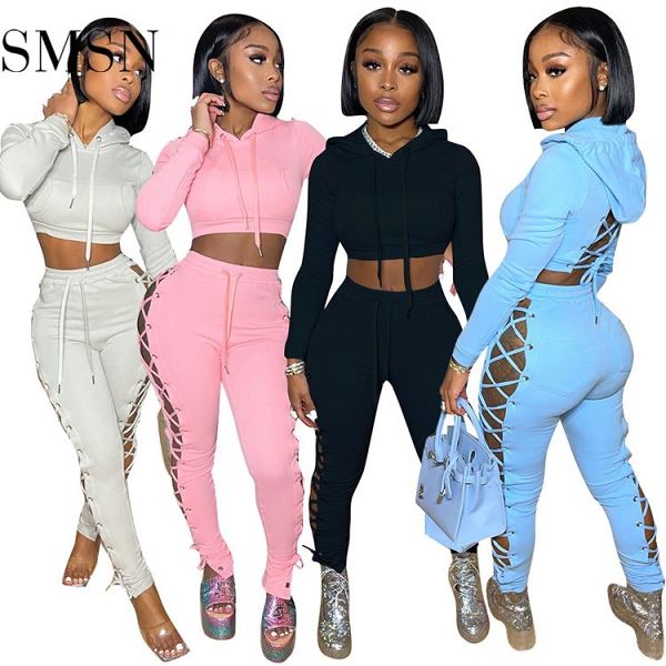 AOMEI High Quality Solid Color Bandage Two Piece Set 2021 Women Sexy Hooded Two Piece Pants Set