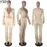 AOMEI High Quality Deep V Neck Solid Color Long Sleeve Two Piece Draped Pants Set Fall Sexy Two Piece Sets For Women