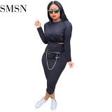 AOMEI Good Quality Solid Color Long Sleeve Two Piece Set 2021 Ladies Casual High Quality Two Piece Skirt Set