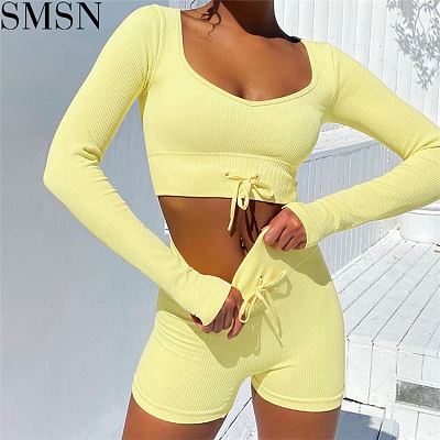AOMEI Best Design Solid Color Rib High Elasticity Two Pieces Women Clothing Long Sleeve Two Piece Lounge Shorts Set