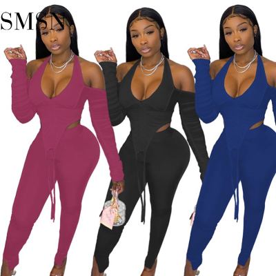 AOMEI New Arrival 2021 Solid Color Casual Drawstring Two Piece Set 2021 Sexy Women Clothing Pants 2 Piece Sets
