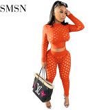 AOMEI New Style Solid Color Hole Perspective Womens Two Piece Set Womens Sexy Two Piece Pants Set