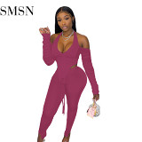 AOMEI New Arrival 2021 Solid Color Casual Drawstring Two Piece Set 2021 Sexy Women Clothing Pants 2 Piece Sets