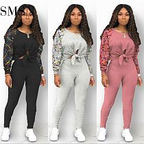 AOMEI Hot Selling Cotton Like Print Hollow Out Casual Two Pieces Women Clothing Stack Pants 2 Piece Set