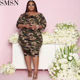 AOMEI Newest Design Camouflage O Neck Two Piece Set 2021 Casual 4Xl Women Clothing Shorts Two Piece Set