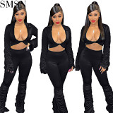 AOMEI High Quality Deep V Neck Solid Color Long Sleeve Two Piece Draped Pants Set Fall Sexy Two Piece Sets For Women