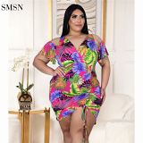 SMSN QueenMoen High Quality Casual V Neck Hollow Out Sleeve Drawstring Folds Floral Women Sexy Dress Plus Size Dress & Skirts