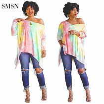 SMSN QueenMoen Newest Design 2021 Autumn Droping Shoulder Woman Tops Fashionable Tie Dye Long Sleeve Print Loose Girls T-Shirts