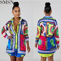 QUEENMOEN New Arrival Trend Top Women Fall Clothing Fashion Vintage Print Casual Long Sleeve Shirt Dress