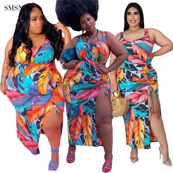 SMSN QueenMoen Good Quality Casual Sleeveless High Slit Drawstring Folds Dress Tropical Print Plus Size Women Maxi Dress