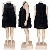 SMSN QueenMoen Latest Design Solid Color Loose A-Line Dress Button Sleeveless Ruffles Layered Stylish Plus Size Mini Women Dress