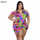 SMSN QueenMoen High Quality Casual V Neck Hollow Out Sleeve Drawstring Folds Floral Women Sexy Dress Plus Size Dress & Skirts