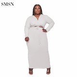SMSN QueenMoen New Arrival 2021 Autumn Plus Size Long Maxi Dress Cut-Out Long Sleeve Bandage Solid Color Fat Women Casual Dress