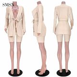 SMSN QueenMoen New Arrival 2021 Autumn Street Women Suits Belt Wrap Blazer Long Sleeve Solid  Elegant Office 2 Piece Short Set