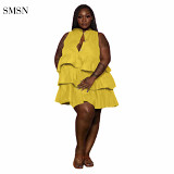 SMSN QueenMoen Latest Design Solid Color Loose A-Line Dress Button Sleeveless Ruffles Layered Stylish Plus Size Mini Women Dress
