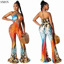 FASHIONWINNIE Fall Women 2021 Club Wear Straps Printed Jumpsuits Sexy Hollow Out Wide Leg Backless Halter Jumpsuit