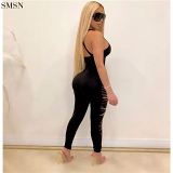FASHIONWINNIE Club Wear Backless Sleeveless Cut Out Jumpsuit Hollow Out Solid Color Skinny Jumpsuit