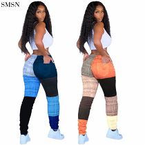 FASHIONWINNIE Wholesale Fall Women Clothes Streetwear Casual Patchwork Check Long Plaid Pants For Women