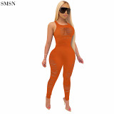 FASHIONWINNIE Club Wear Backless Sleeveless Cut Out Jumpsuit Hollow Out Solid Color Skinny Jumpsuit
