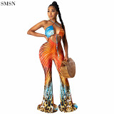 FASHIONWINNIE Fall Women 2021 Club Wear Straps Printed Jumpsuits Sexy Hollow Out Wide Leg Backless Halter Jumpsuit