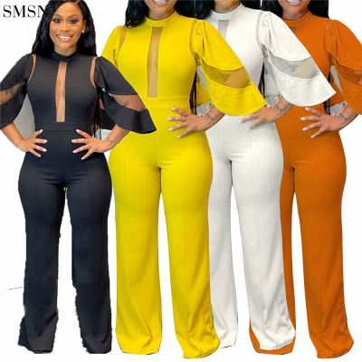 FASHIONWINNIE Fall One Piece Jumpsuits 2021 Solid Color See Through Patchwork Wide Leg Jumpsuit