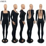 FASHIONWINNIE Fall Women Clothing Tight Bandage Sexy Jumpsuits Club Wear Backless Stacked Pants Jumpsuit