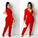AOMEI New Arrival Autumn Solid Color Business Suit Two Pieces Women Clothing Women Sexy 2 Piece Set  With Belt