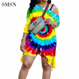 QueenMoen High Quality Autumn Casual Slopping Shoulder Tie Dye Long Sleeve Long T Shirt Ladies Plus Size Women Sets Two Piece