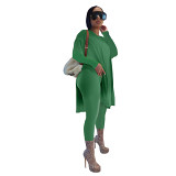 AOMEI Newest Design Casual Solid Color Long Sleeve Two Piece Set Women Split Top Two Piece Pants Set