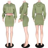 AOMEI New Arrival 2021 Fall New Solid Color Skirt Set Long Sleeve Hooded Top And Skirt Women Clothes 2Pc Skirt Set