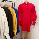 FONDPINK Best Design Wholesale Clothing Dresses Lapel Puffed Sleeves Dress Women Lapel Shirt Dress