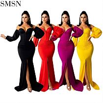 FONDPINK Newest Design Lady Sexy Split Elegant Dress Women Off Shoulder Solid Color Gowns Evening Dress For Women